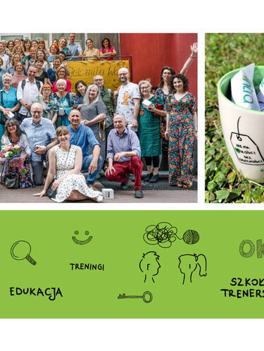 Grafika podzielona na dwie części: u góry kolaż czterech zdjęć, 1. zdjęcie okładek 6 książek napisanych przez psychoterapeutów z Intry; 2. zdjęcie grupowe uczestników 31 jubileuszu Ośrodka Intra; 3. Kubek z grafiką 